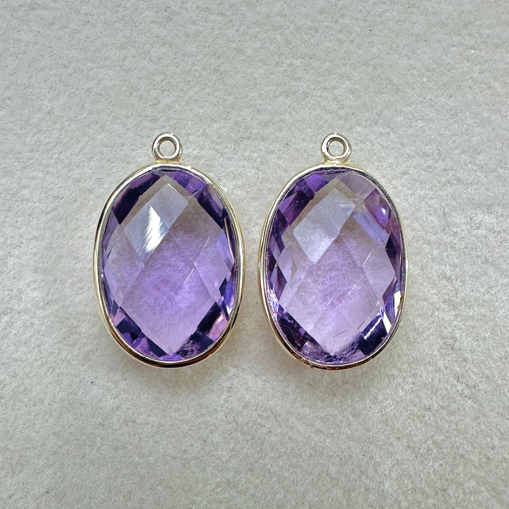 Natural Amethyst Faceted Oval Briolette Bead Pair - 18K Gold Bezel