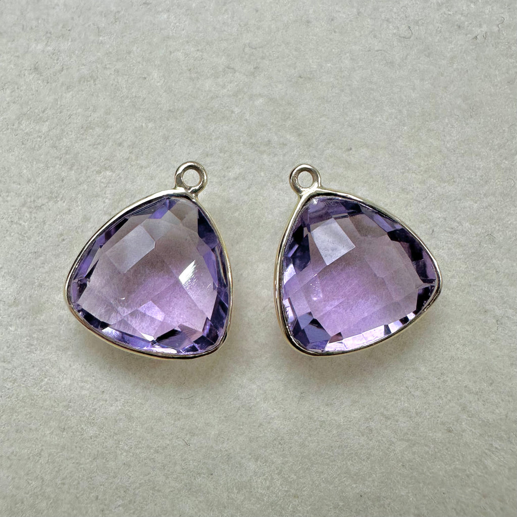 Natural Amethyst Faceted Trillion Briolette Bead Pair - 18K Gold Bezel