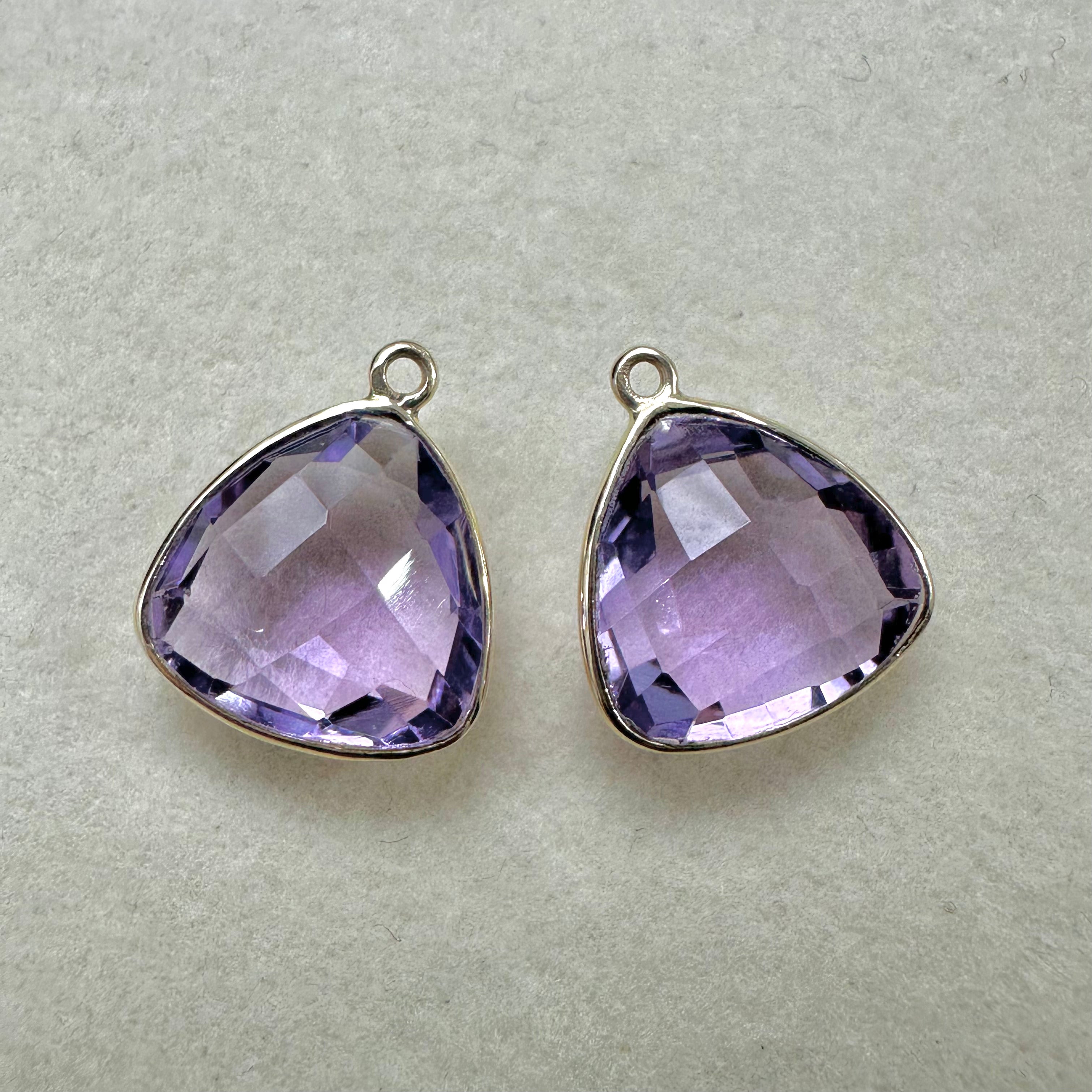 Natural Amethyst Faceted Trillion Briolette Bead Pair - 18K Gold Bezel