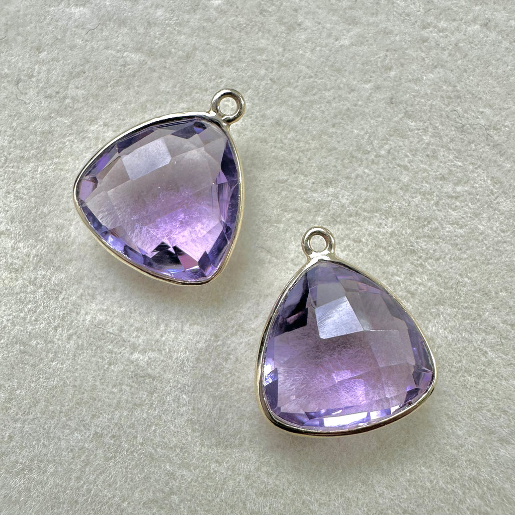 Natural Amethyst Faceted Trillion Briolette Bead Pair - 18K Gold Bezel