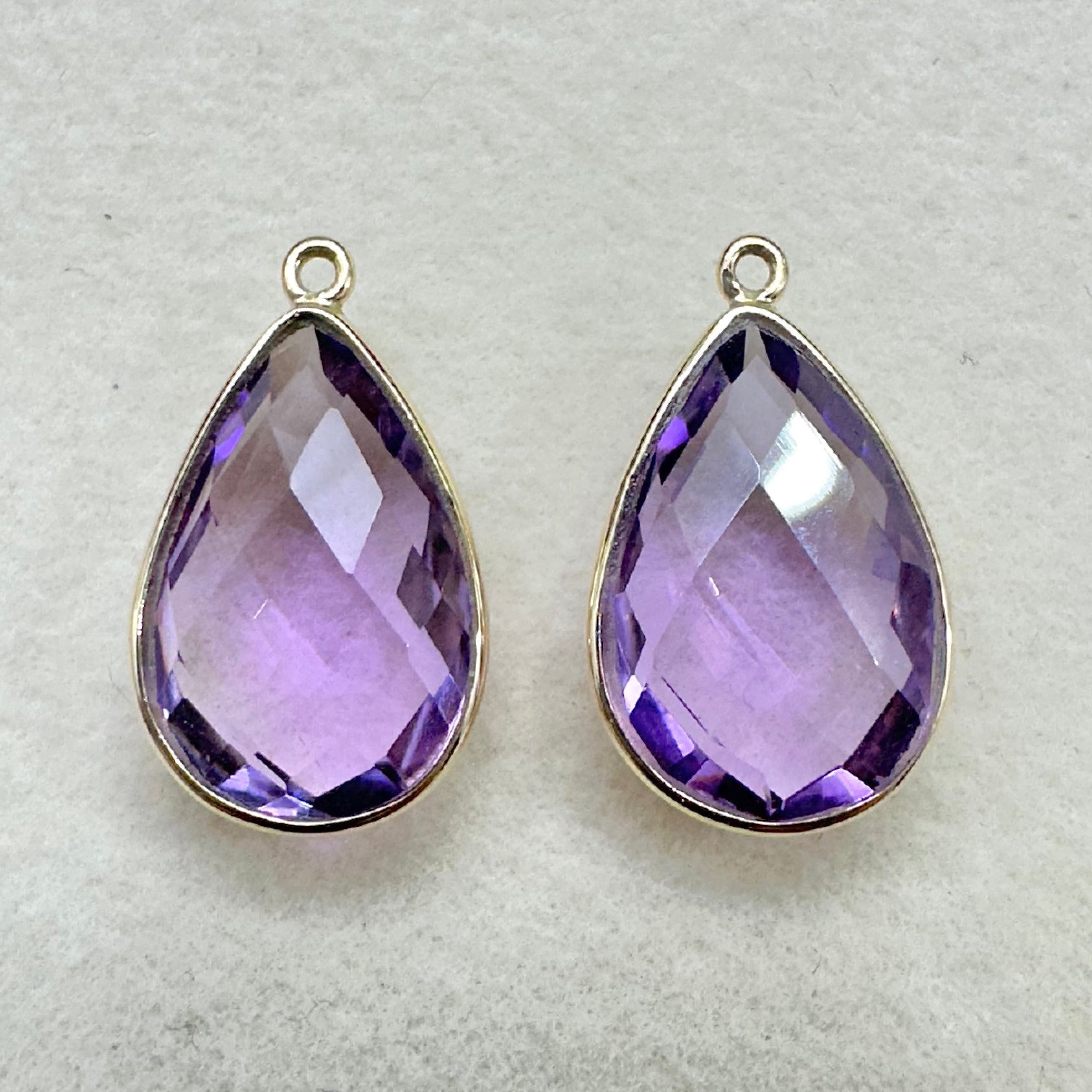 Natural Amethyst Faceted Pear Briolette Bead Pair - 18K Gold Bezel